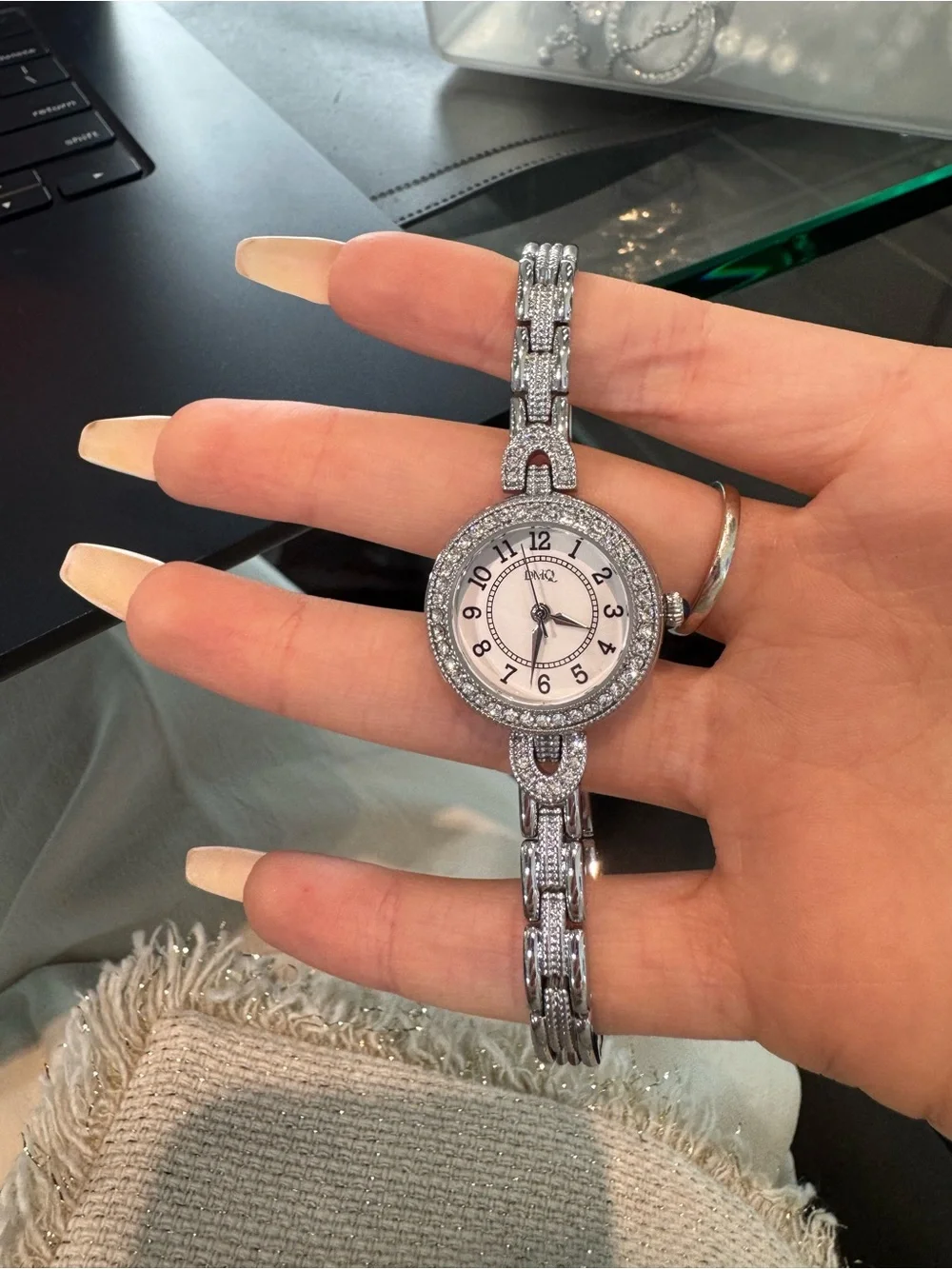 Elegant DMQ Women's Silver-Tone Quartz Dress Watch with Rhinestone Pavé Bezel